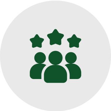 A green and white icon of people with stars.